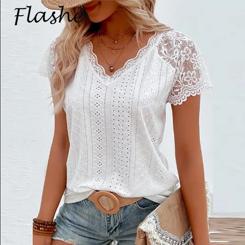 Camicia da donna in pizzo con scollo a V moda estiva da donna t-Shirt a maniche corte magliette larghe camicia bianca Casual per donna