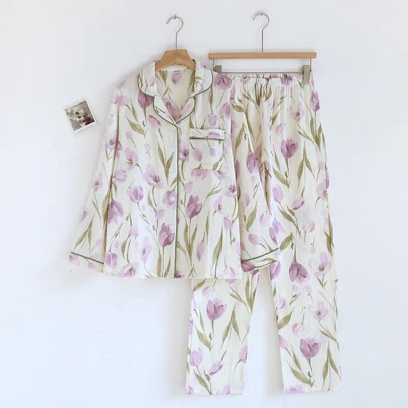 2026 Japanese New Spring and Autumn Women's Pajama Set 100% Cotton Gauze Long Sleeve Casual Home Clothes Two Piece Set