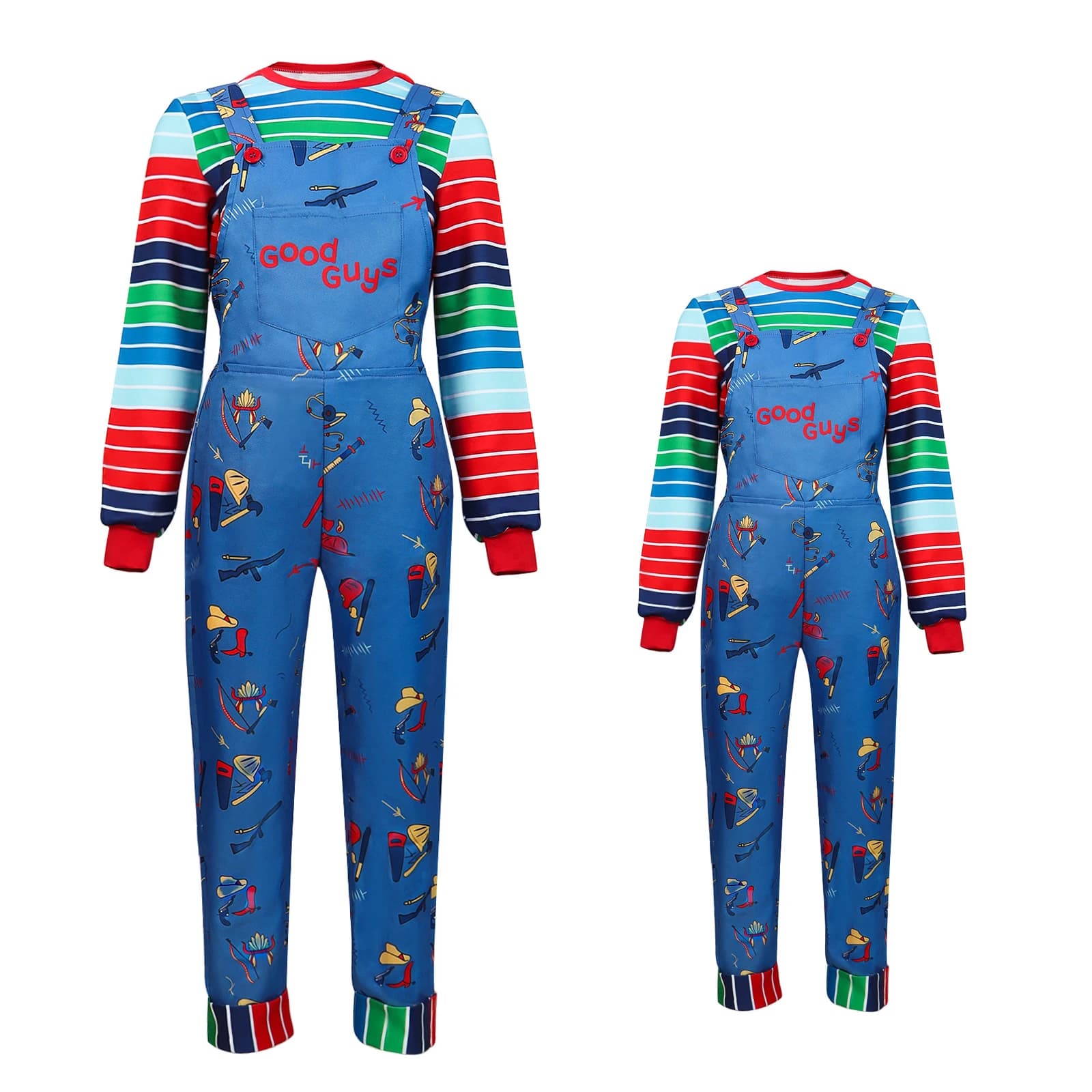 Costume da Cosplay di Chucky per Halloween, Outfit da Bambola Horror con Pantaloni con Bretelle per Adulti