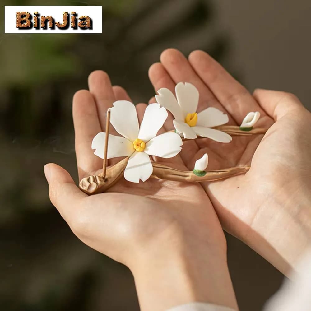 Bastoncino di incenso con fiore di pesco Porta ceramica per interni Fiore creativo impasto a mano Tea Art Piccoli ornamenti Forniture regalo per cerimonia