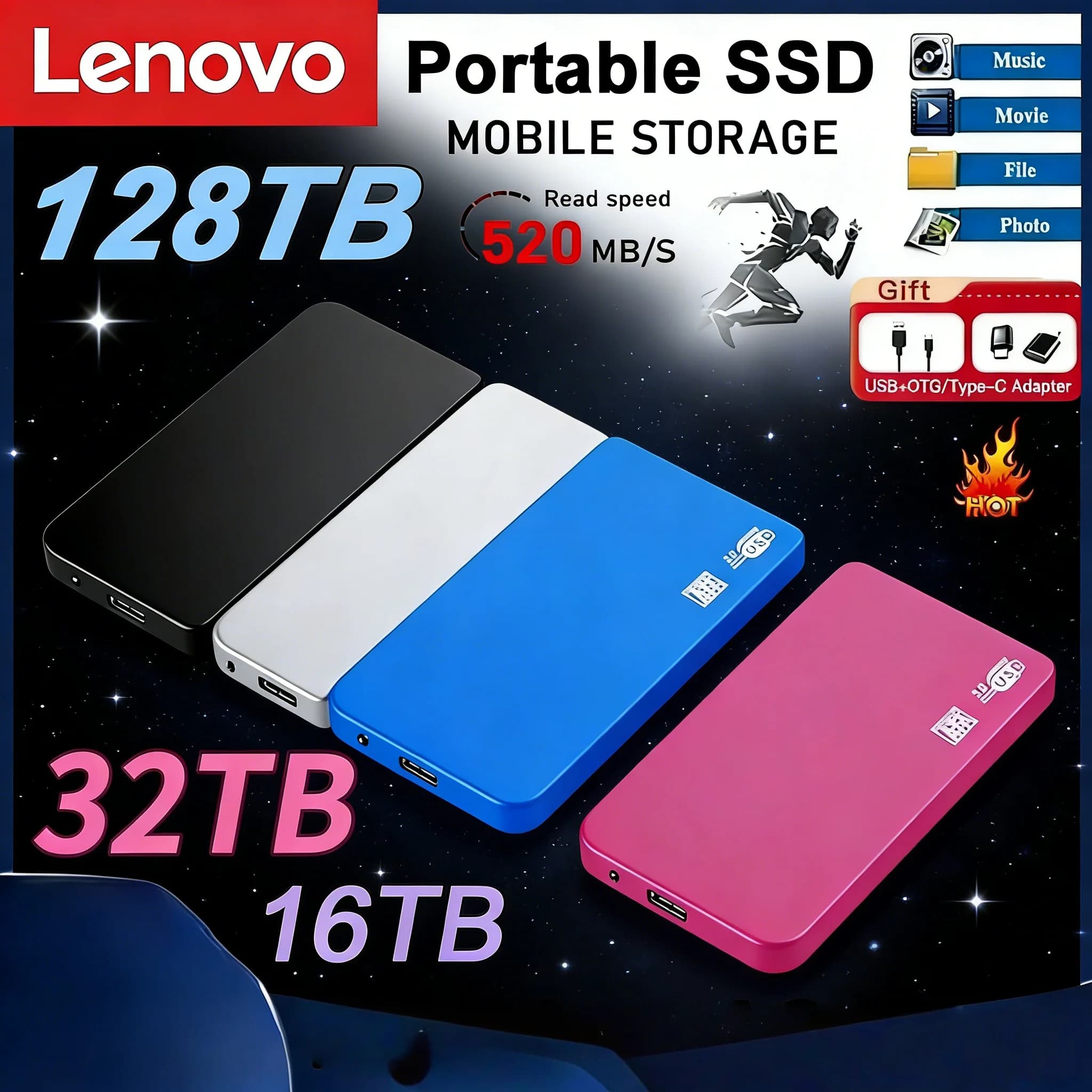 Enclosure USB 3.0 per SSD Lenovo da 128TB, custodia mobile in ABS per unità SSD/HDD con cavo USB 3.0 per archiviazione esterna