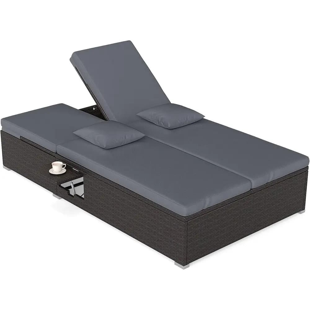 Double Chaise Lounge Chair with 6-Position Backrest, Side Trays, Cushion for Outdoor Patio, Pool or Yard (Gray)