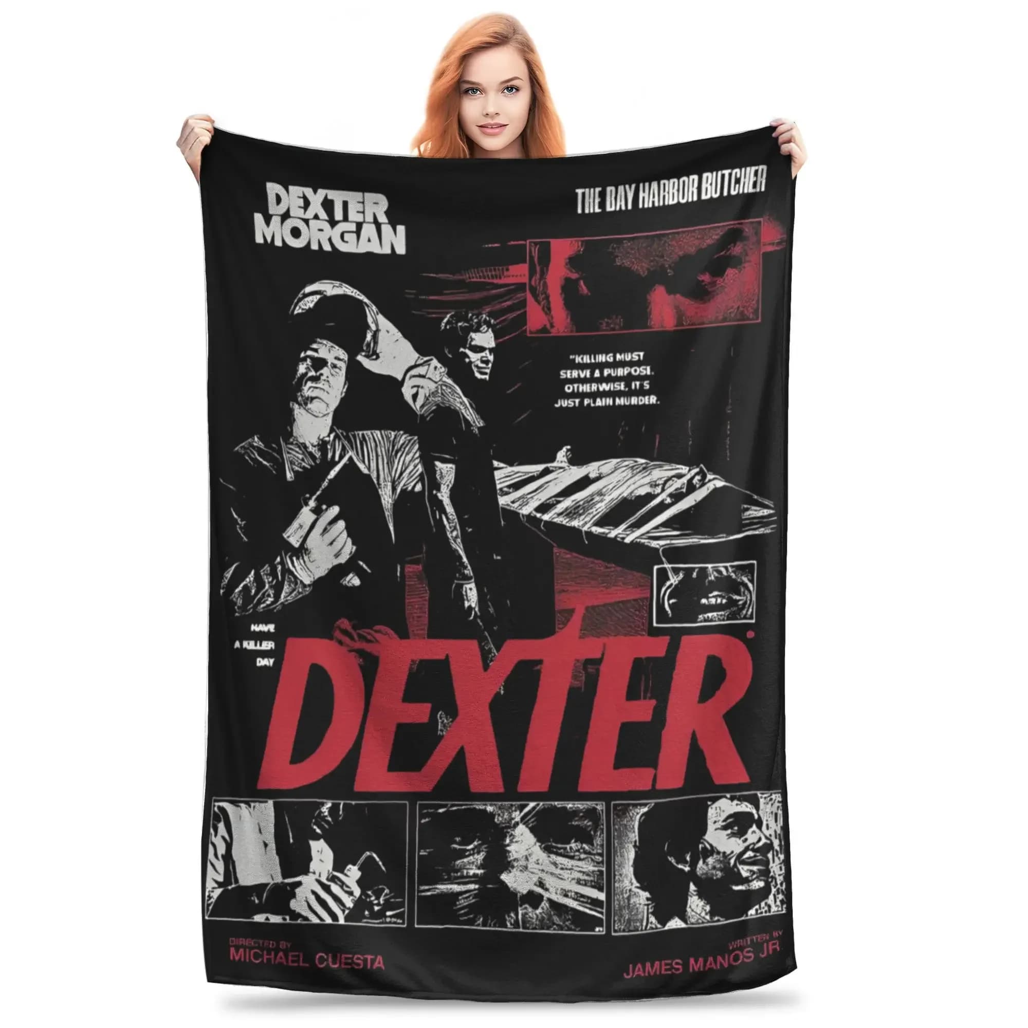 Coperta in flanella Dexter Retro Poster Morgan - Morbido plaid con stampa Bay Harbor Butcher per divano letto e ufficio