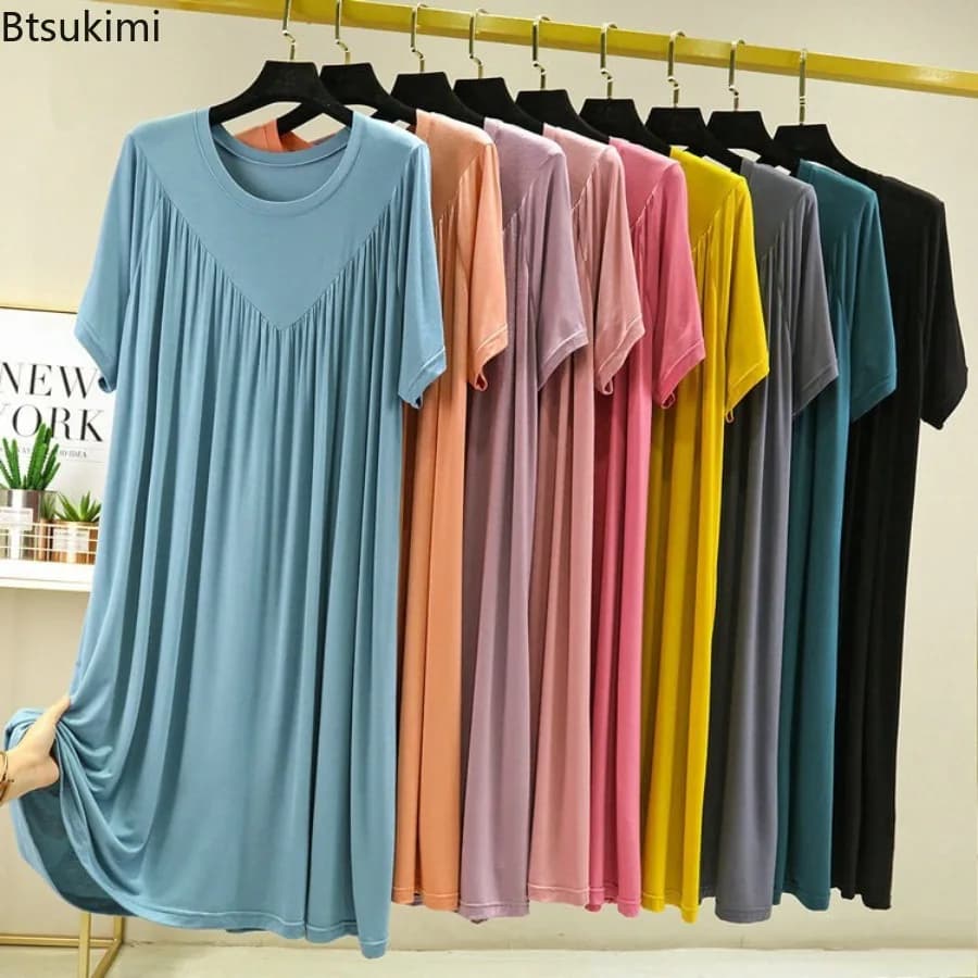 Modal Nightgown Women Cotton Clothes for Summer Loose Large Size Casual Short-sleeved Night Dress Pleated Thin Home Long Dress