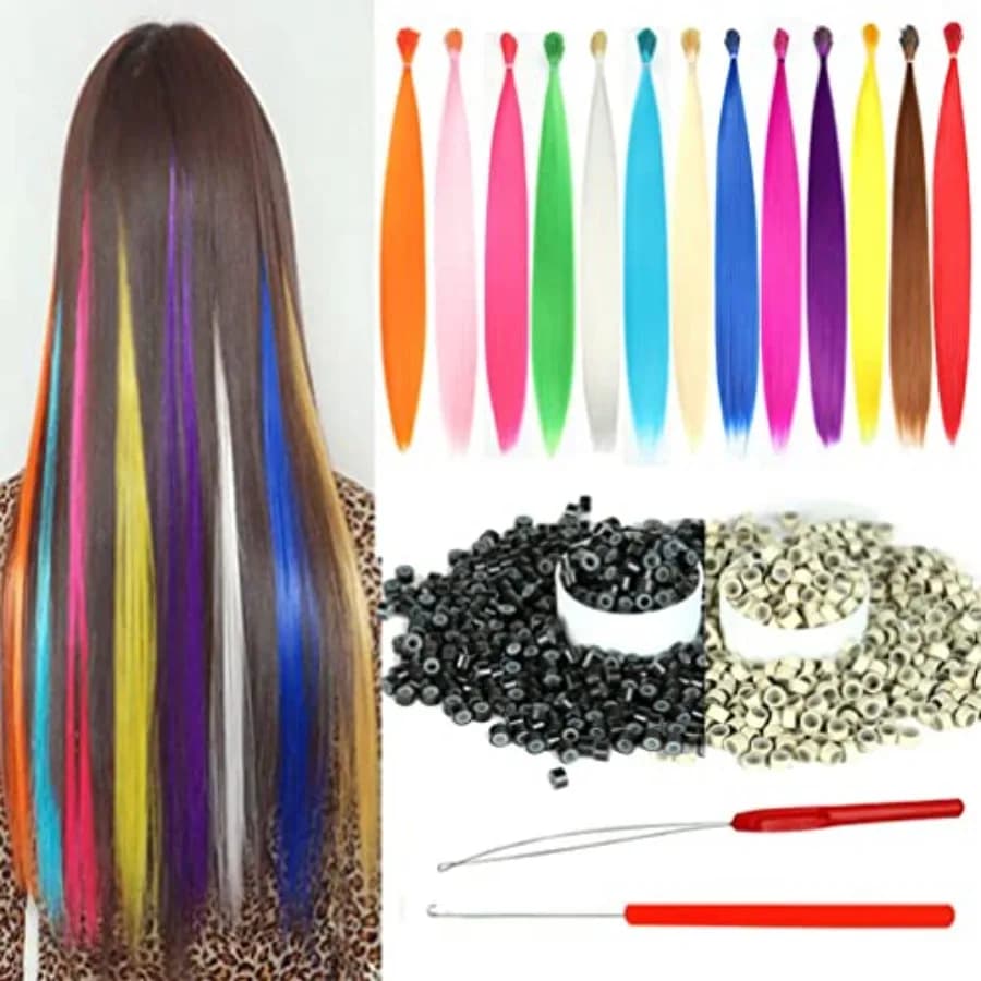 Synthetic Colored Hair Extensions for Women 20 Inch Hairpieces With 100pcs Silicone Micro link Beads And 2 Crochet Hooks 20'',