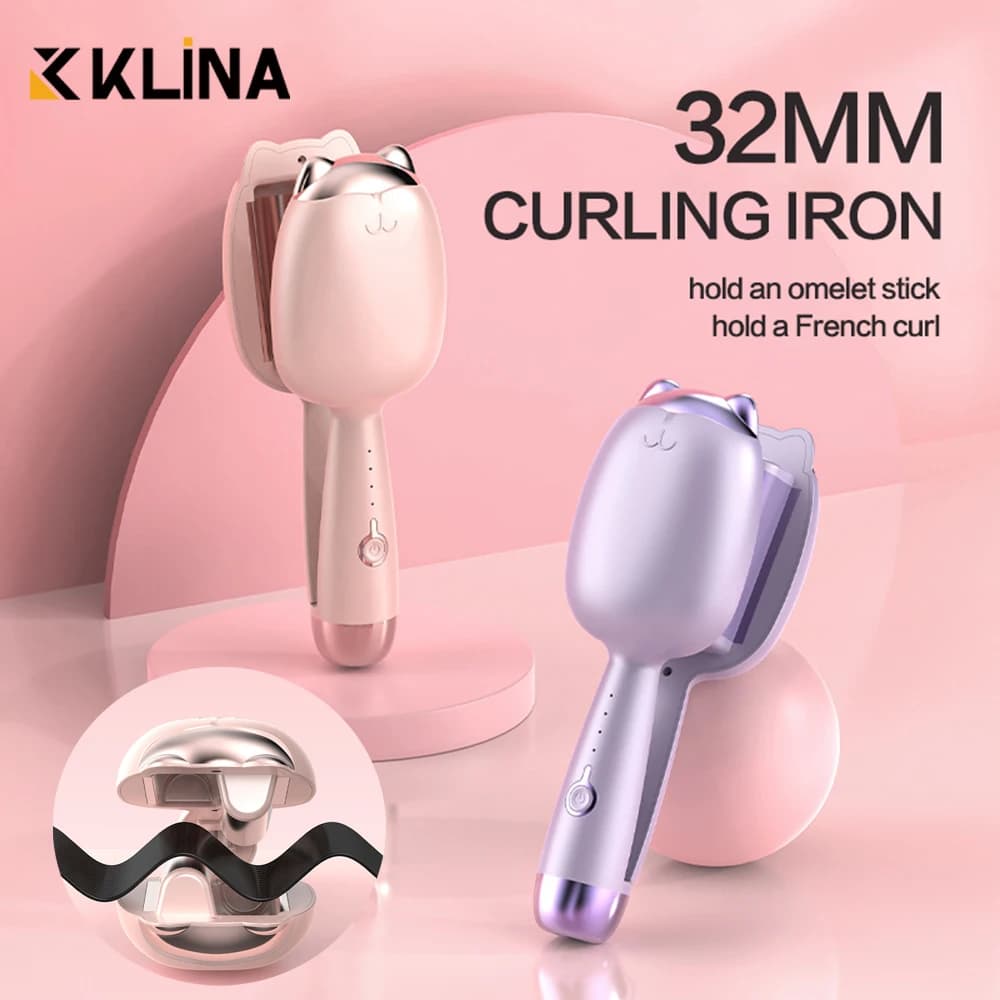 Ferro arricciacapelli per capelli con rotolo di uova da 32 mm Bacchetta arricciacapelli viola Ferro arricciacapelli professionale a 2 botti, Bigodino per capelli Piegatrice Waver Strumenti per lo styling