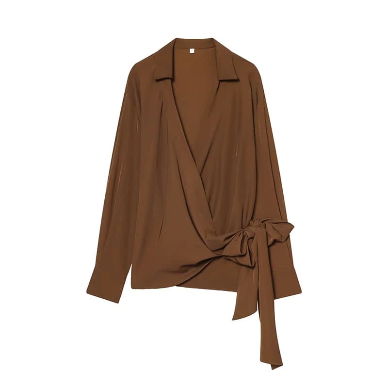 YENKYE 2026 Camicia avvolgente drappeggiata marrone da donna Manica lunga Colletto con risvolto Cravatta anteriore Camicette primaverili Camicie Donna Streetwear