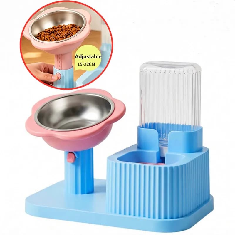 Dog Bowl Double Bowls Dogs Feeders Adjustable Dog Food Bowl Neck Protector Cat Drinking Water Bowls Detachable Pet Food Feeders