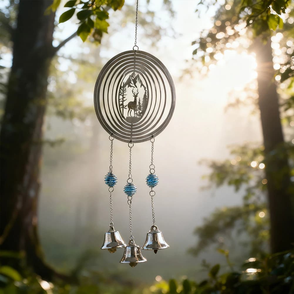 3D Rotating Reindeer Wind Chime Metal Bell Home Door Hanging Pendant Fantasy Wedding Garden Courtyard Decoration Gift