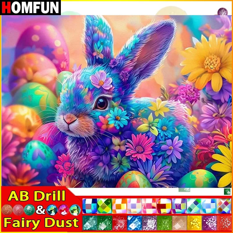 HOMFUN Fairy Dust AB Diamond Painting Full Square/Round Diamond "Animal Rabbit Flower" Pattern Embroidery 5D Rhinestone Painting
