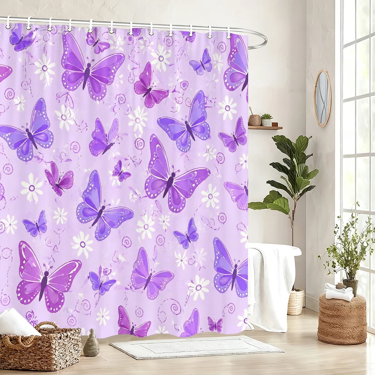Vibrant Floral & Butterfly Pattern Polyester Bathtub Curtain - Stylish Abstract Print Bath Decor for Bathroom