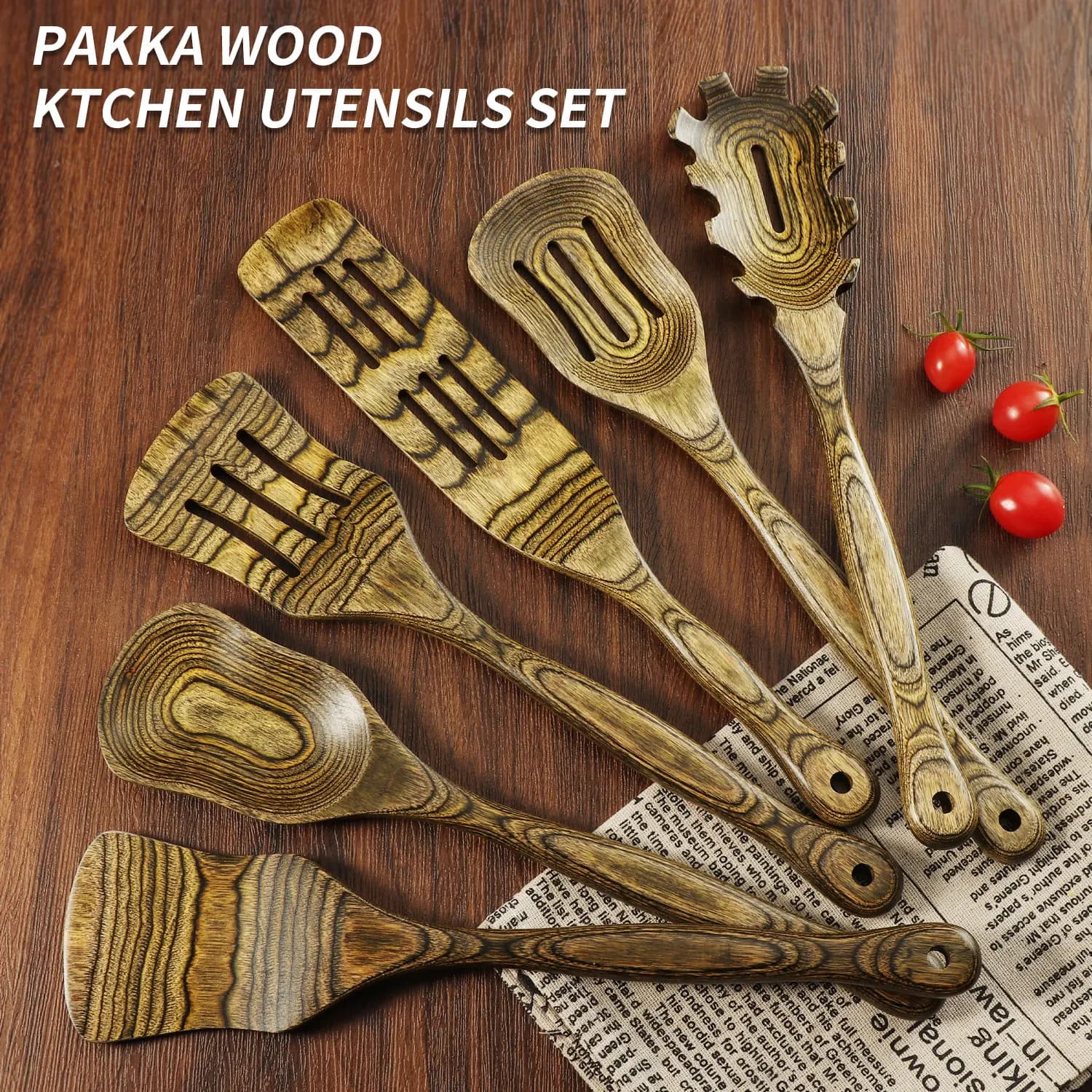 Set di utensili da cucina da 6 pezzi in legno, set di cucchiai da cucina in legno pakkawood, spatola a fessura, pentole, utensili per tornitura in legno