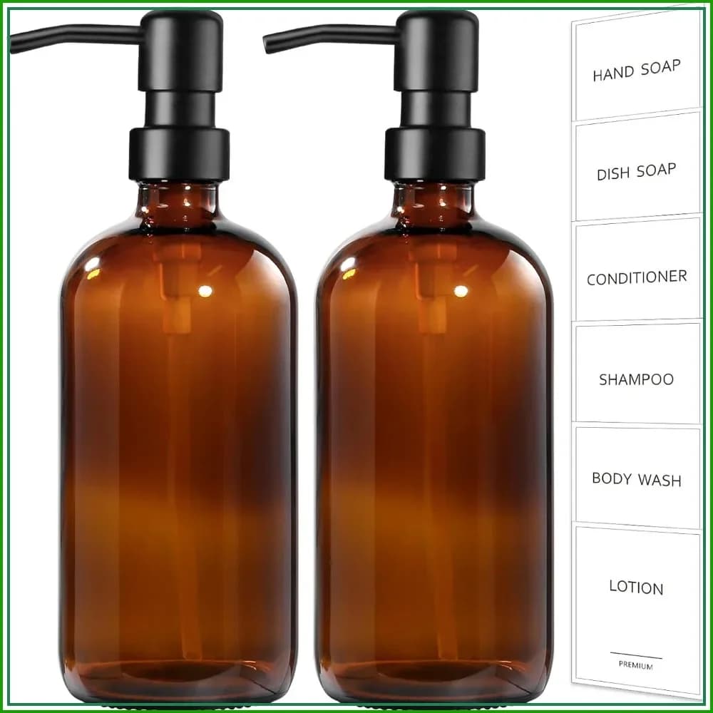 Amber Glass Soap Dispenser Set of 2, 17oz Each, Rustproof Pump, Vintage Style for Kitchen & Bathroom
