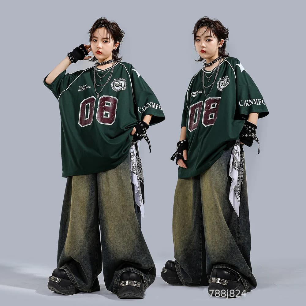 Abbigliamento Streetwear per Bambini e Ragazzi, T-shirt a Maniche Corte Hip Hop Jazz Sport, Set di Jeans in Denim, Tute per Bambini, Abiti da Palcoscenico