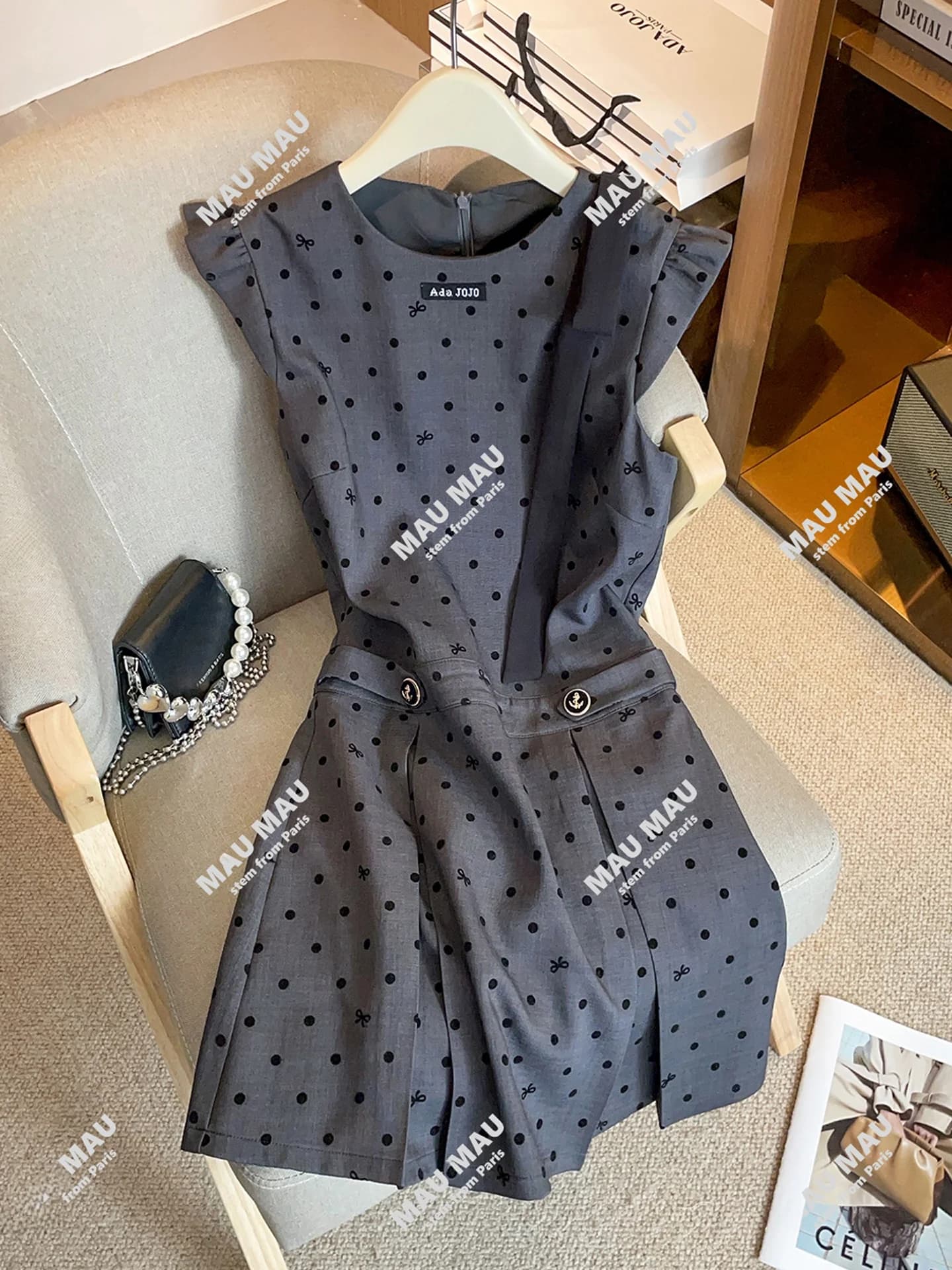 Elegante Abito a Pois con Nodo in Vita, Stile Primaverile Autunnale, Gonna a Vita Alta a Trapezio, Manica Corta