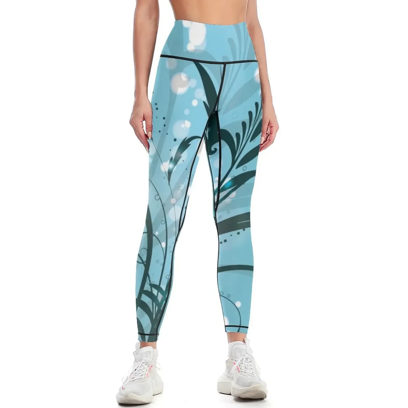 Leggings blu con fiori magici, abbigliamento da palestra, abbigliamento per esercizi, pantaloni per ragazze, leggings da donna