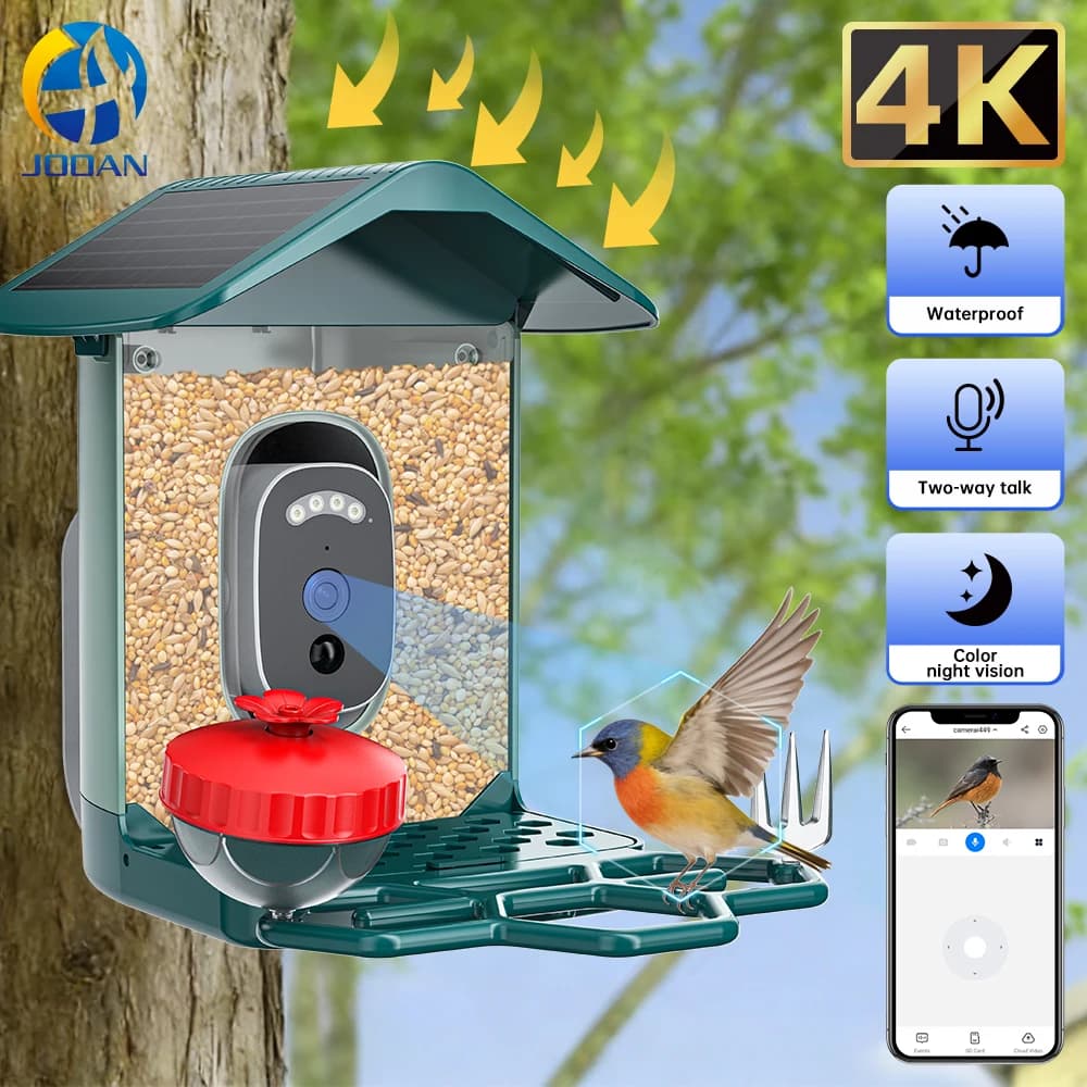 Jooan 4K Solar Camera for Bird Power Adapter, External IP Camera WiFi 2.4G, Waterproof HD with Night Vision for Bird Species Identification