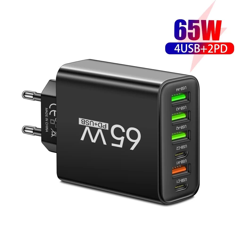 Quick Wall Charger Adapter for 65 W Multiport USB C Charger for iPhone Samsung Xiaomi Huawei Phone Charging Quick Plug EU USA