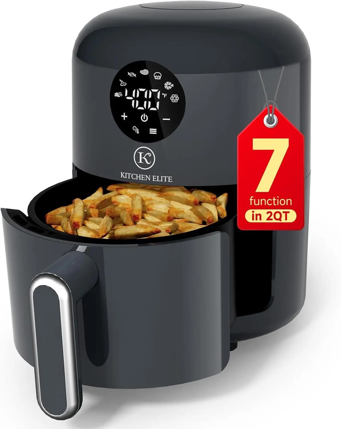 Friggitrice ad Aria Digitale Compatta 7-in-1, 90%+ Meno Olio, Cestello Antiaderente Lavabile in Lavastoviglie, Pasti e Snack Croccanti con Vassoio, Salvaspazio Grigia