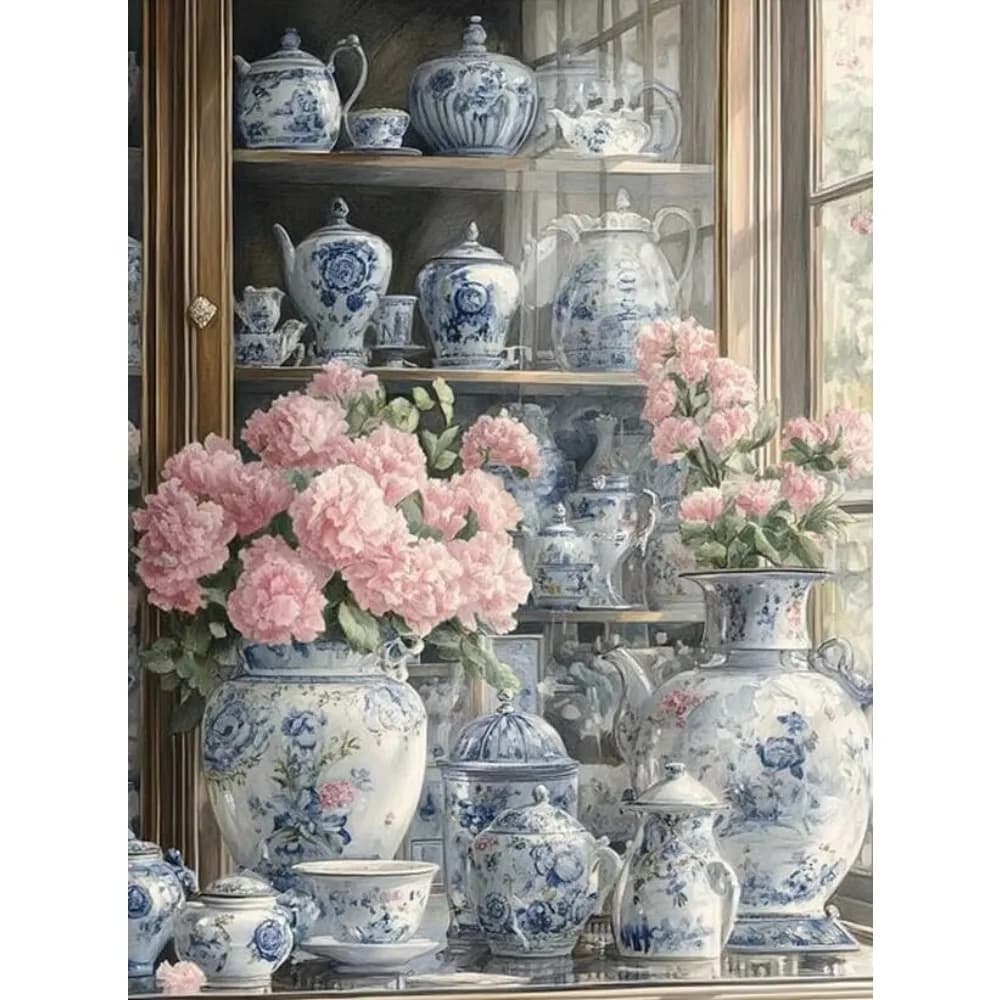 Kit Pittura Diamante Fai da Te: Nuovo ed Elegante Vaso in Porcellana Blu e Bianca con Fiori, Ricamo a Mosaico 5D, Decorazione per la Casa