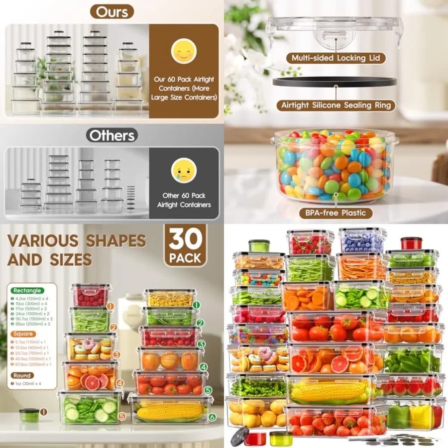 Contenitori per Alimenti con Coperchi Ermetici, 30 Contenitori e 30 Coperchi, 100% a Prova di Perdite, Contenitori per Preparazione Pasti per Cucina, Senza BPA