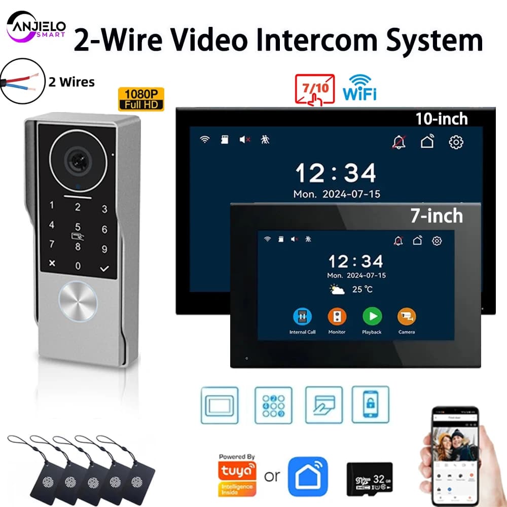ANJIELO Sistema videocitofonico per la casa 1080P TUYA Videocitofono a 2 fili App IC Card PIN Sblocco con supporto telecamera IP Smart