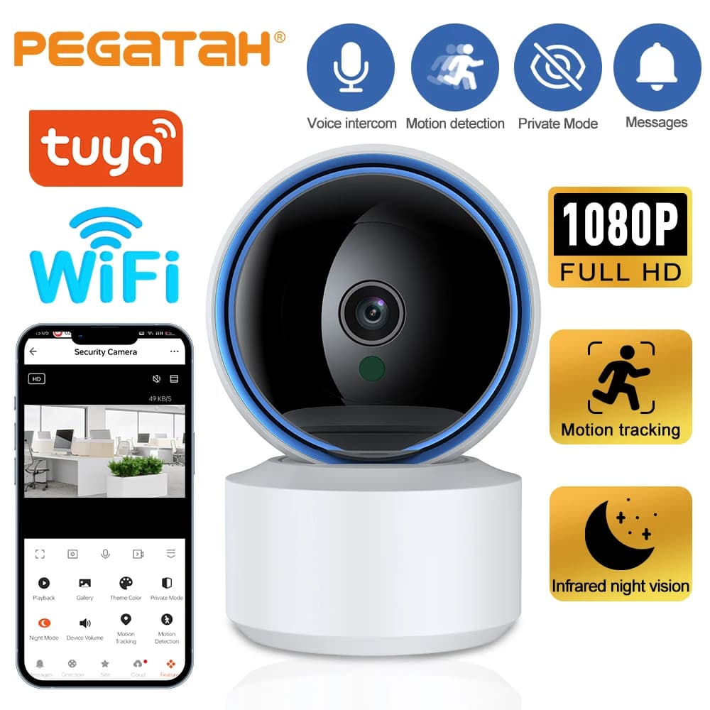 Tuya Smart 360 ° Telecamera di sicurezza PTZ con tracciamento del movimento AI - Monitor per neonati/animali domestici/casa, conversazione bidirezionale, visione notturna IR ultra chiara