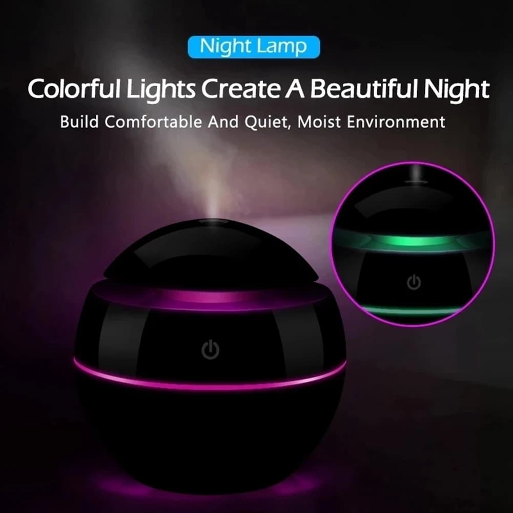Umidificatore portatile Diffusore di aromi USB ad ultrasuoni Luce notturna a LED Diffusore di oli essenziali elettrico Aromaterapia Nero TQ