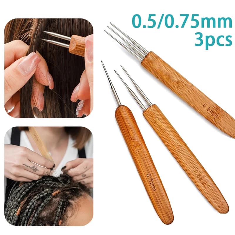 Set di 3 Aghi per Uncinetto in Legno da 0,5/0,75MM per Dreadlocks e Trecce, Ago Singolo/Doppio/Triplo per Uncinetto