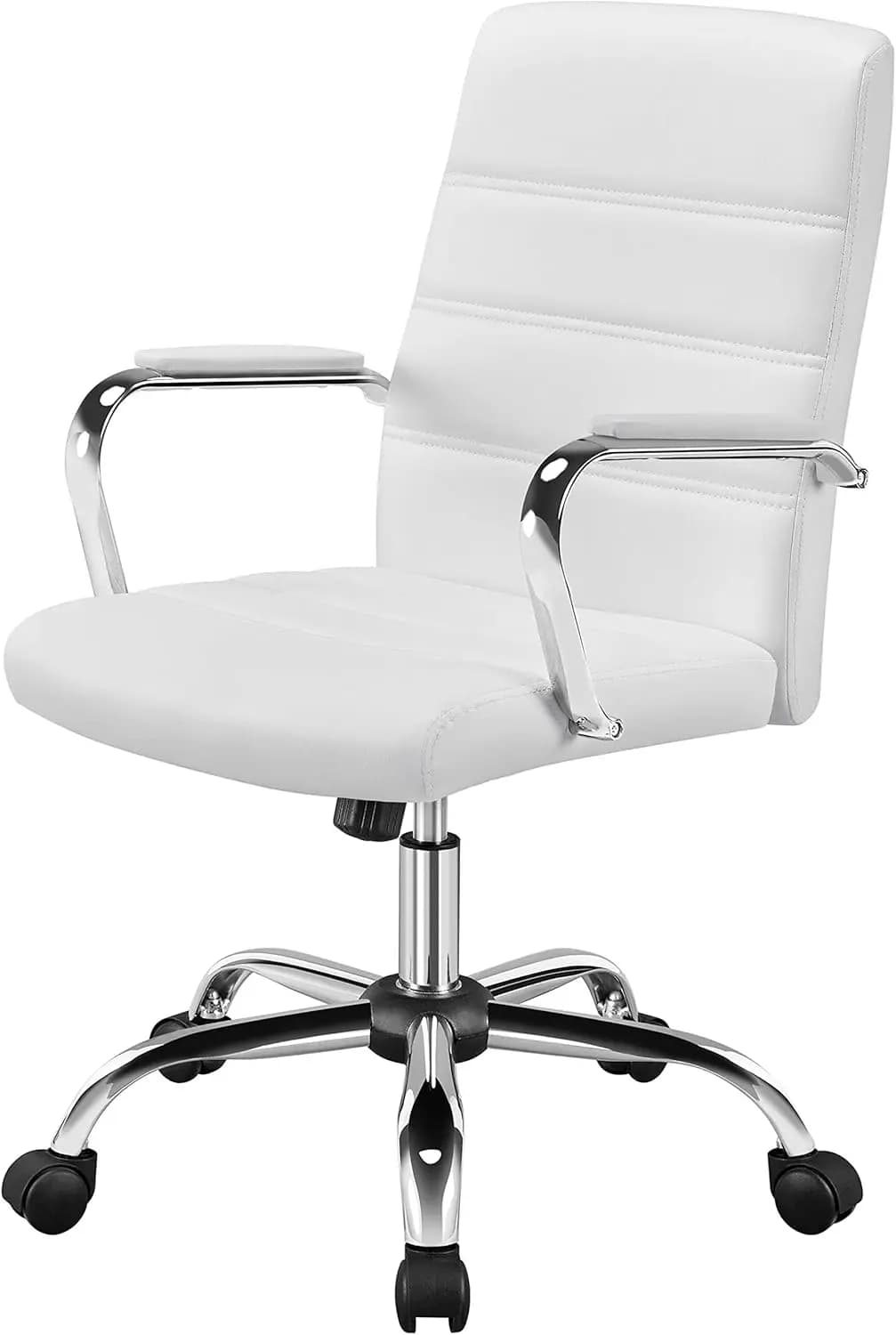 Sedia da ufficio ergonomica con schienale medio, regolabile in altezza, ecopelle bianca, braccioli e sedile imbottiti, supporto lombare