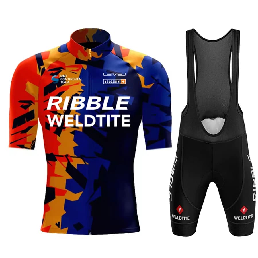 Completo da Ciclismo 2026 Team RIBBLE: Maglia a Maniche Corte con Stampa Cartoon e Salopette Nera da Uomo per MTB e Ciclismo su Strada