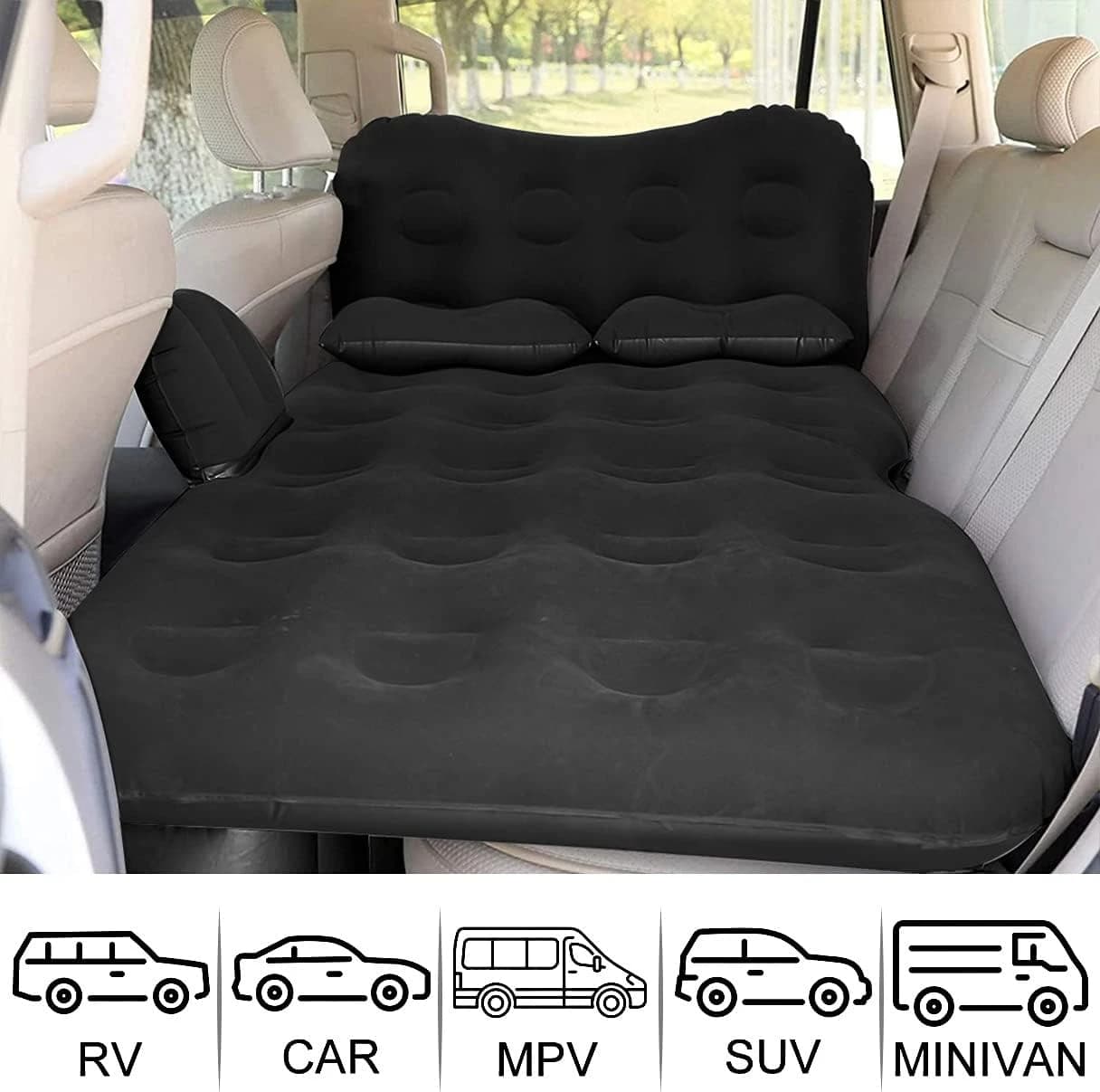 Universal Inflatable Car Mattress Soft Flocked Back Seat Sleep Pad | Portable Foldable Travel Bed with Air Pump & Pillows, Fits SUV Sedan MPV, Comfort Car Sleeping Pad for Road Trips Camping Beach Indoor Outdoor Use