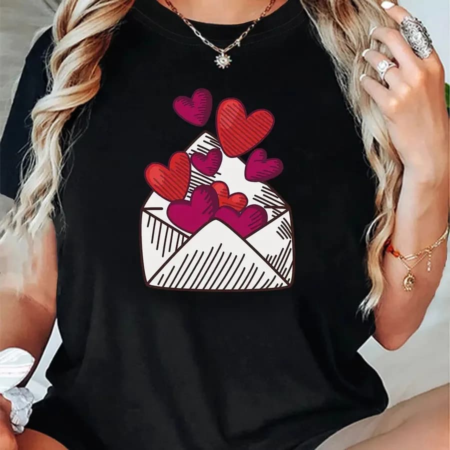 【Nuovo stile】T-shirt da donna per San Valentino con lettera d'amore - Stampa grafica con simpatici cuori e cupcake con cuori rossi e design a cupcake