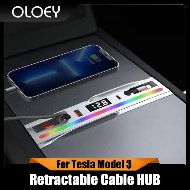 For Tesla Model 3 Highland Retractable Cable HUB Model Y Juniper 60W Fast Charger USB Docking Station LED Display Ambient Light