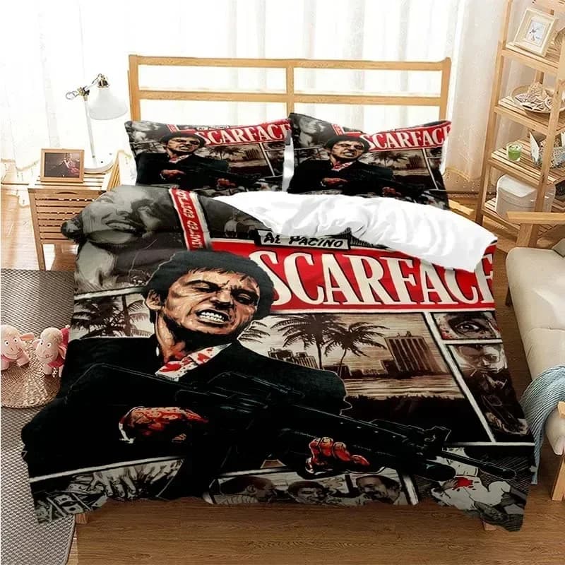 Set Letto Stampato Tony Montana Scarface, Copripiumino, Federe, Set Biancheria da Letto, Lenzuola, Copriletto, Misure Full Queen King