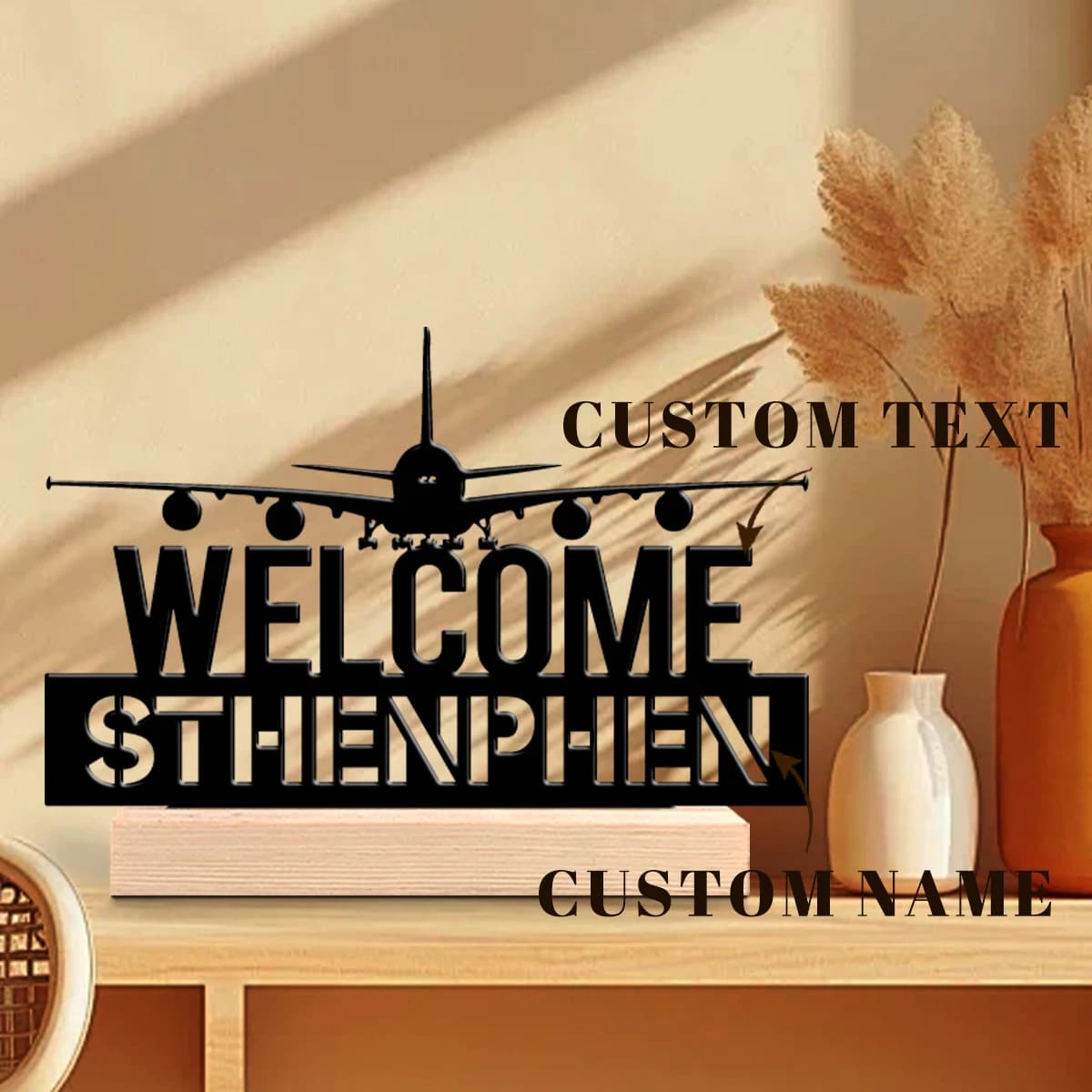 1pc Personalized Iron Desktop Ornament Custom Content Equipped with A Wooden Base Art Decoration, Desktop Decoration