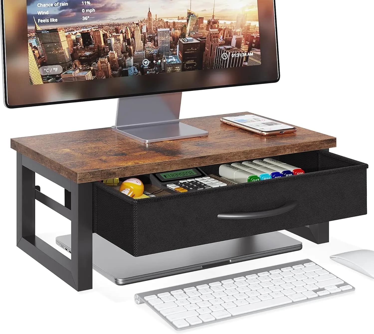 Support for Wood Monitor with Drawer, Desk Organizer at 2 Levels for Laptop and Office Storage
