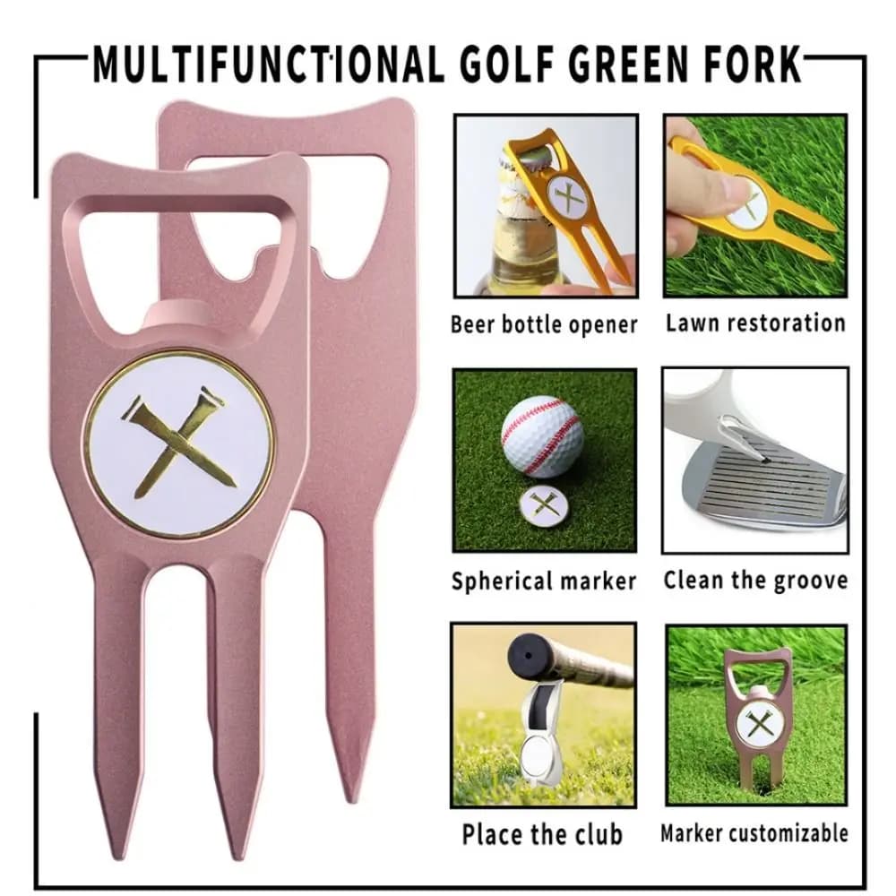 6-in-1 Golf Ball Fork Bottle Opener Multi-functional Golf Fork Marker Aluminum Alloy Detachable Golf Groove Cleaner Hat Clips