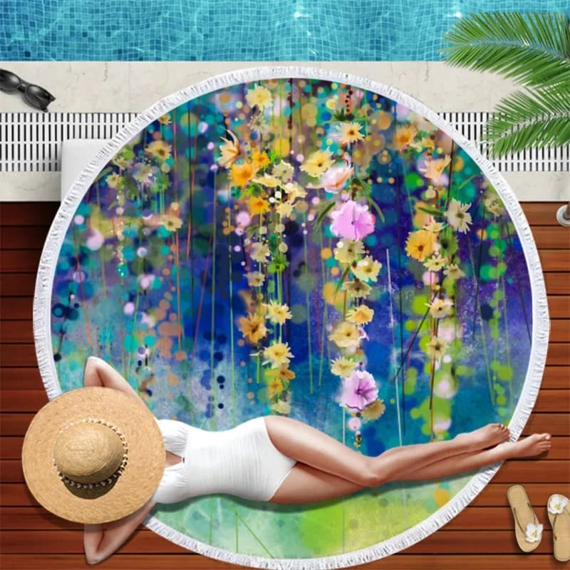Large round beach towel printed with colorful flowers, diameter, microfiber blanket with 3D print, with yoga mat with fringes and adult tassels