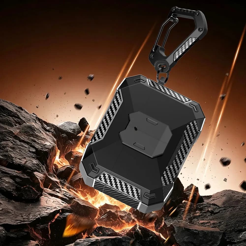 For JBL Wave Beam 2 Earphone Case Carbon Fiber Texture Protective Cover With Phone Stand & Carabiner Shockproof Headphone Shell