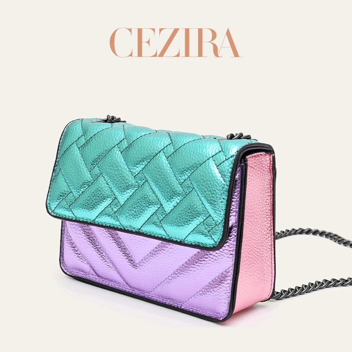 Women's Handbag PU Leather Shoulder Bag with Pneumatic Patchwork Colored Metallic Long Chain Square Shoulder Bag