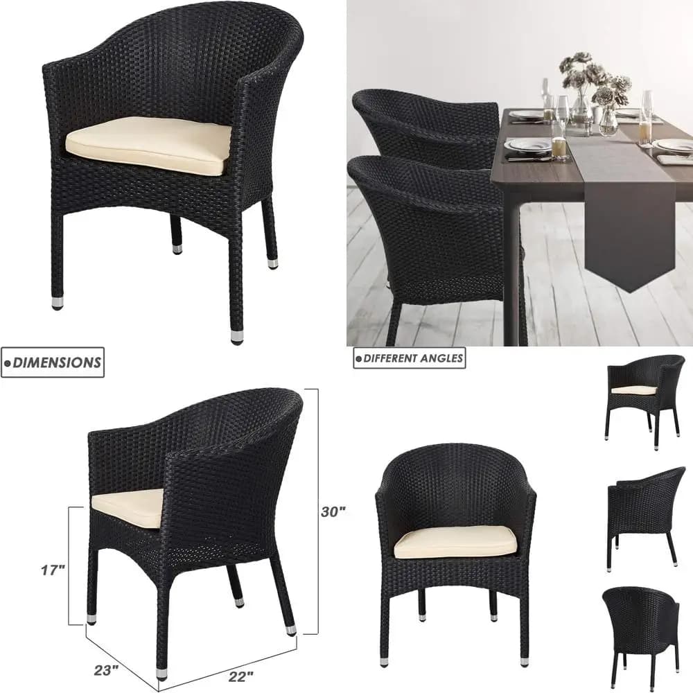Sedie da pranzo impilabili da esterno in vimini con cuscino, mobili in rattan sintetico nero per patio e giardino