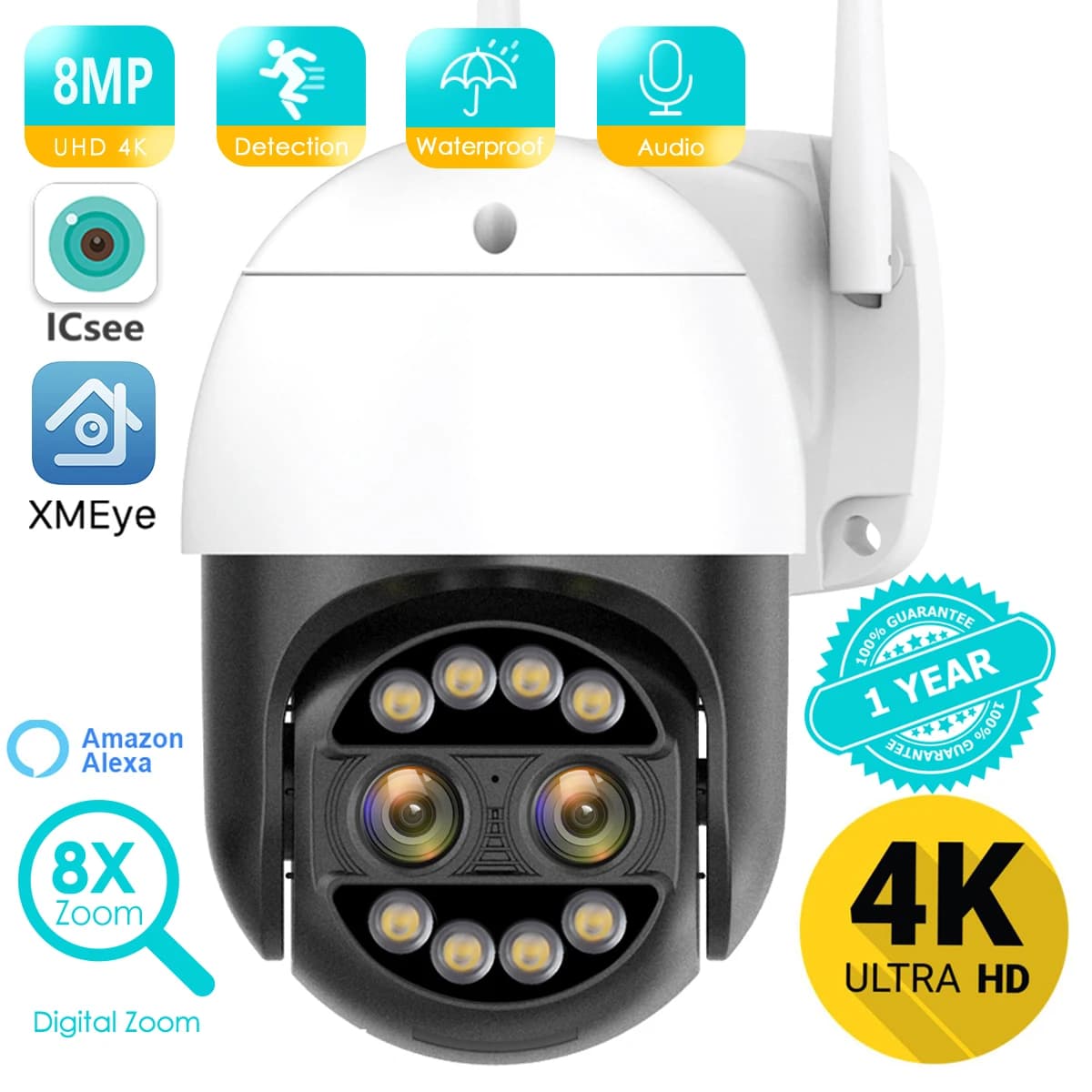 Telecamera IP WIFI 8MP 4K PTZ Telecamera di sicurezza esterna Zoom 8X Doppia lente Telecamere di videosorveglianza wireless CCTV P2P Funziona con ICsee