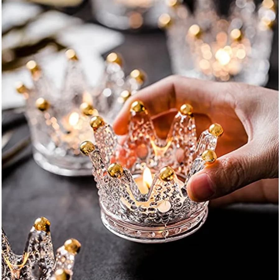 Set di 12 Portacandele in Vetro a Corona per Tealight, Portacandele Votivi per Matrimoni, Feste e Decorazioni per la Casa con Punte Dorate