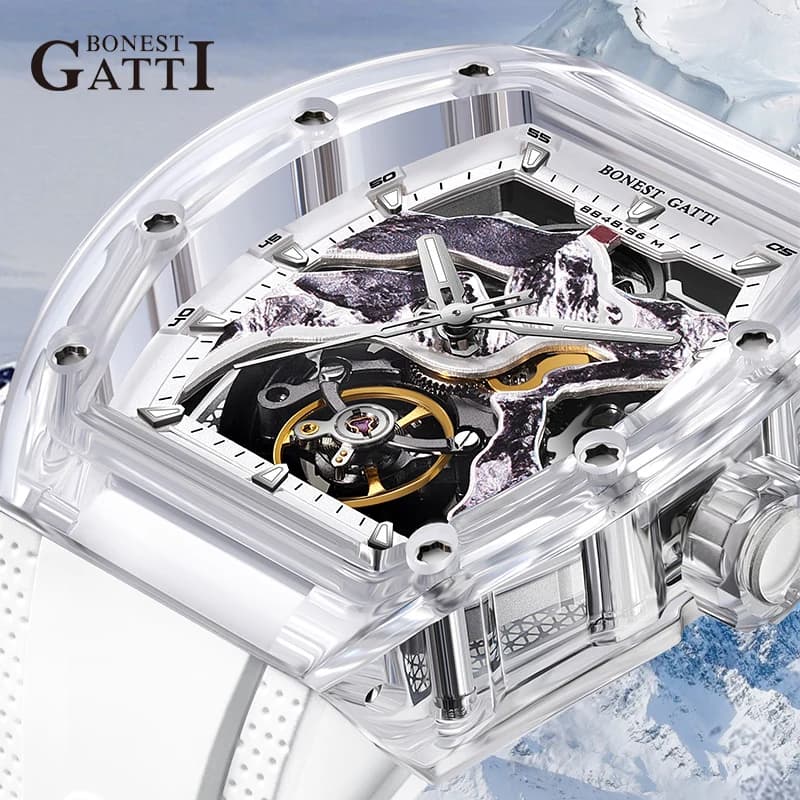 Orologi meccanici automatici BONEST GATTI 6001, quadrante con motivo Monte Everest, tipo a botte, scheletrati, impermeabili, di tendenza, per uomo