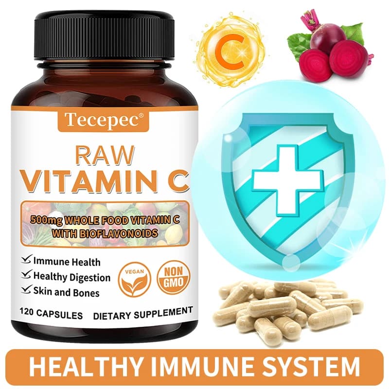 RAW vitamin C capsules: powerful antioxidant, promotes collagen production, skin glow, supports heart, immune health
