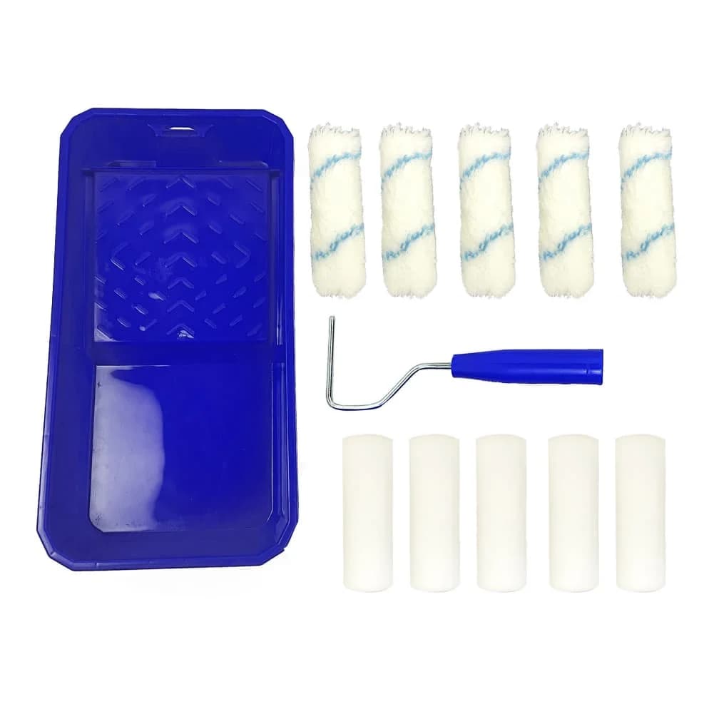 Set of 10 paint rollers with support for handle and tray for painting on walls and furniture with foam rollers and heads