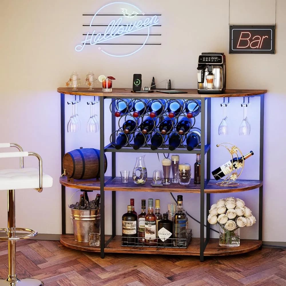 Mobile Bar per Vini con Luci LED e Prese di Corrente, Tavolo Bar Liquori Autoportante con Portabicchieri e Portabottiglie Mini