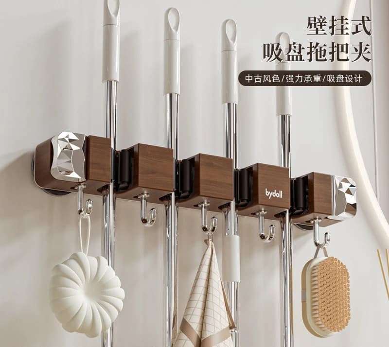 Wood Grain Suction Cup Mop Clip Hook Hanger No Punching Wall Hanging Shelf Adhesive Hook Bathroom Mop Storage Rack