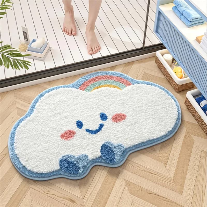 VIKAMA Cute Cloud Rainbow Bathroom Mat Soft Fluffy Smile Face Non Slip Water Absorbent Doormat Bedroom Entry Decor Rug